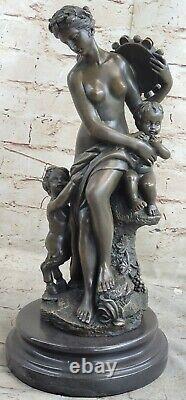 Art Marbre Base Bronze Figurine Love Couronne Chair Femme Ange Statue Sculpture