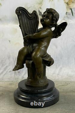 Art Nouveau Fonte Chérubin Bébé Ange Musicien Musique Lecteur Bronze Sculpture