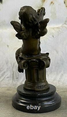 Art Nouveau Fonte Chérubin Bébé Ange Musicien Musique Lecteur Bronze Sculpture