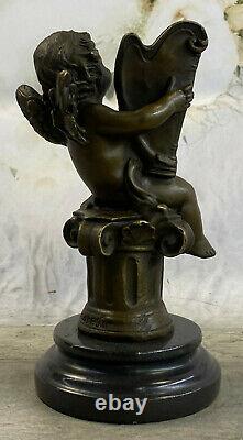 Art Nouveau Fonte Chérubin Bébé Ange Musicien Musique Lecteur Bronze Sculpture