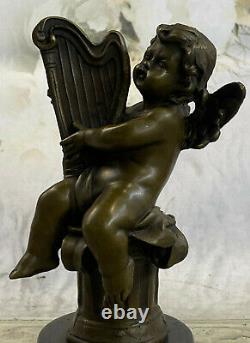 Art Nouveau Fonte Chérubin Bébé Ange Musicien Musique Lecteur Bronze Sculpture