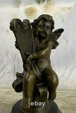 Art Nouveau Fonte Chérubin Bébé Ange Musicien Musique Lecteur Bronze Sculpture