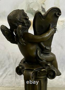 Art Nouveau Fonte Chérubin Bébé Ange Musicien Musique Lecteur Bronze Sculpture