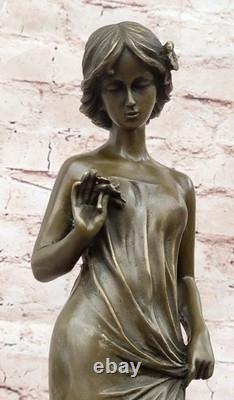 Auguste Moreau Fille Fleur Bronze Sculpture Art Déco Marbre Base Figurine Cadeau