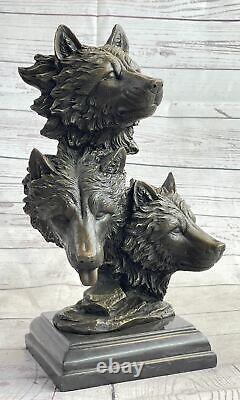 Bronze Animal Art Décor Double 3 Loup Tête Statue Sculpture Figurine