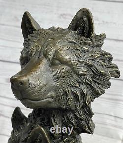 Bronze Animal Art Décor Double 3 Loup Tête Statue Sculpture Figurine