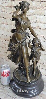 Bronze Sculpture Maiden Mère Avec / Bébé Chaud Hug Statue Signée Moreau Art