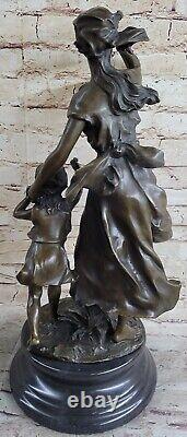 Bronze Sculpture Maiden Mère Avec / Bébé Chaud Hug Statue Signée Moreau Art