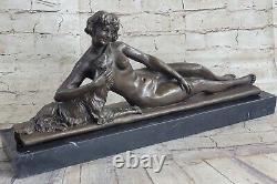 Bronze Sculpture Statue Art Déco Signée L. Bruns France Nu Femme Avec Her Chien