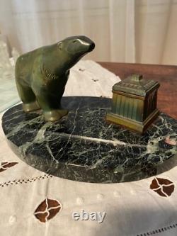 Bronze animalier art déco, sculpture en bronze, pour cet encrier socle en marbre