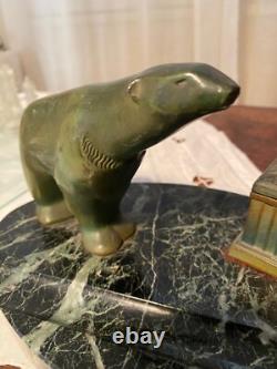 Bronze animalier art déco, sculpture en bronze, pour cet encrier socle en marbre