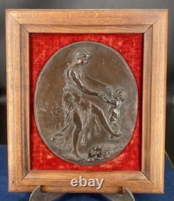 Bronze bas-relief signé Clodion 1773 ancien cadre velours rouge art 21,3x25,8cm
