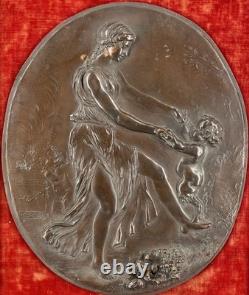 Bronze bas-relief signé Clodion 1773 ancien cadre velours rouge art 21,3x25,8cm