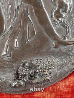 Bronze bas-relief signé Clodion 1773 ancien cadre velours rouge art 21,3x25,8cm
