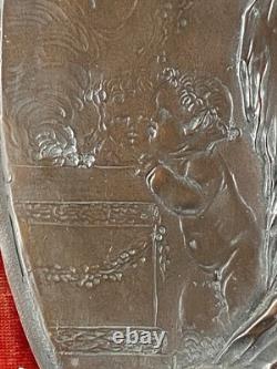 Bronze bas-relief signé Clodion 1773 ancien cadre velours rouge art 21,3x25,8cm