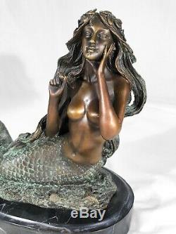 Bronze marble art statue mermaid sculpture marble base mythical statue sirène