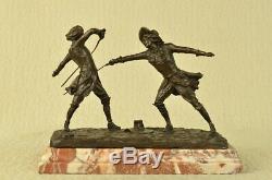 Deux Fencer Escrime Bronze Sculpture Figurine Art Sport Statue Marbre Base