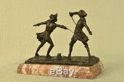 Deux Fencer Escrime Bronze Sculpture Figurine Art Sport Statue Marbre Base