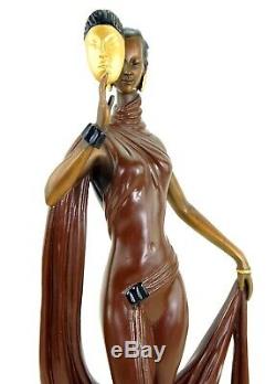 Élégant Art Déco Bronze Sculpture Danseuse avec Masque Signé pour Preiss