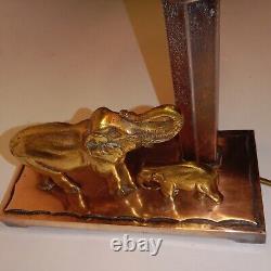 Éléphant et son Éléphanteau Sculpture Bronze Doré Lampe Art Déco Socle Cuivre