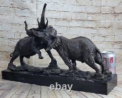 Éléphants En Bataille Bronze Sculpture Fonte Marbre Base Figurine Wild Vie Art