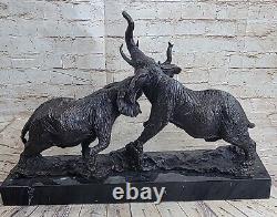 Éléphants En Bataille Bronze Sculpture Fonte Marbre Base Figurine Wild Vie Art