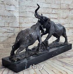 Éléphants En Bataille Bronze Sculpture Fonte Marbre Base Figurine Wild Vie Art