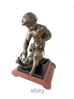 Émile Picault Bronze Boy Riding Snail Sculpture Base Art Deco Art nouveau France