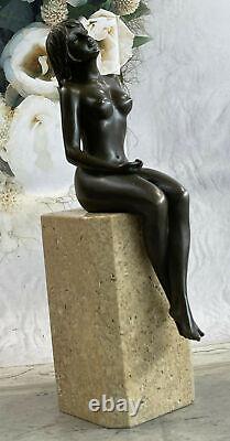 Érotique Art Déco Nu Nue Femelle Bronze Sculpture Marbre Figurine Base Solde