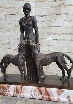 Fabuleux Bronze Statue Sculpture Fille Femme Dame Chien Figurine Art Déco