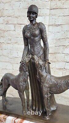 Fabuleux Bronze Statue Sculpture Fille Femme Dame Chien Figurine Art Déco