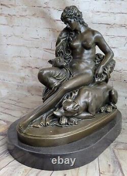 Fabuleux Bronze Statue Sculpture Nu Femme Dame Chien Figurine Art Déco Intérieur