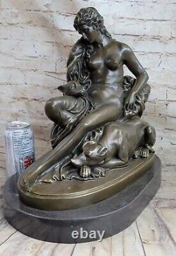 Fabuleux Bronze Statue Sculpture Nu Femme Dame Chien Figurine Art Déco Intérieur