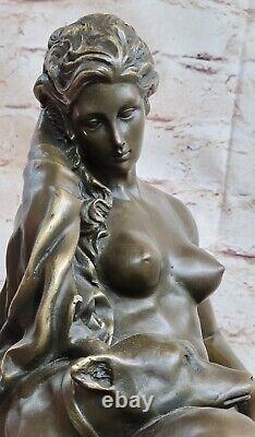 Fabuleux Bronze Statue Sculpture Nu Femme Dame Chien Figurine Art Déco Intérieur