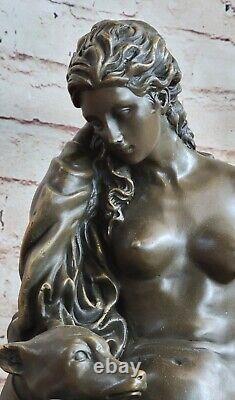 Fabuleux Bronze Statue Sculpture Nu Femme Dame Chien Figurine Art Déco Intérieur