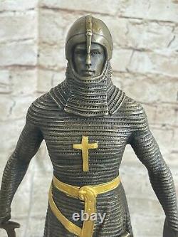 Fait Bronze Sculpture Solde Art Guerrier Knight Armor Base Marbre Figurine