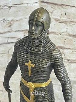 Fait Bronze Sculpture Solde Art Guerrier Knight Armor Base Marbre Figurine