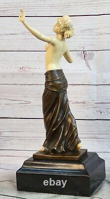 Fin Art Déco Bronze Marbre Sculpture Chair Fille Signée Statue Figurine