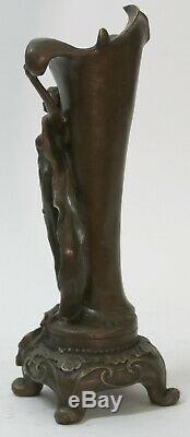 Fin Original Art Nouveau Bronze Sculpture Vase avec / Nu Femme Kassin 1985