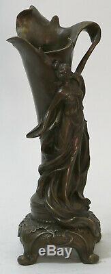 Fin Original Art Nouveau Bronze Sculpture Vase avec / Nu Femme Kassin 1985