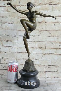 Fonte Bronze Sur Marbre Base Statue Sculpture Nu Fille Danseuse Art Deco