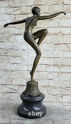 Fonte Bronze Sur Marbre Base Statue Sculpture Nu Fille Danseuse Art Deco