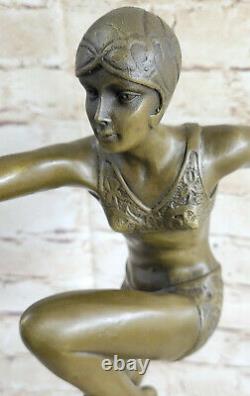 Fonte Bronze Sur Marbre Base Statue Sculpture Nu Fille Danseuse Art Deco