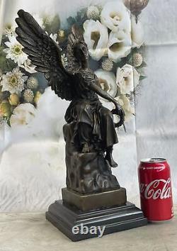 Grand Bronze Femelle Avec Angélique Ailes Marbre Sculpture Style Art Nouveau