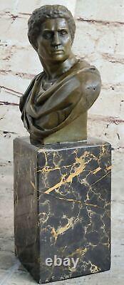 Grand Tour Bronze Buste De Romain Caesar Augustus Sur Marbre Sculpture Art