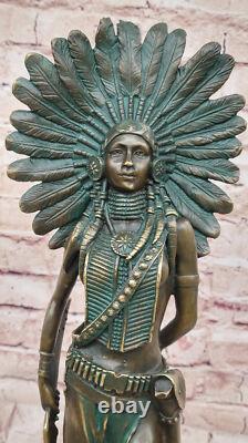 Grande Statue De Guerrière Indienne En Bronze Art Déco Figurine Décor Western