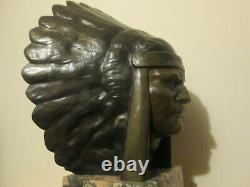 Imposante Sculpture Art Deco 1930 Buste Chef Indien Coiffe Bronze Marbre Signe