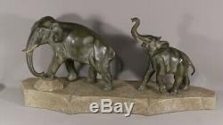 J. Brault, Groupe En Bronze, Elephant Et élephanteau, Sculpture Art Déco