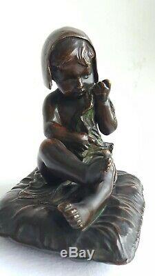 LOISEAU ROUSSEAU Sculpture BRONZE Patine 1910's Signe ENFANT Sortie de bain Art