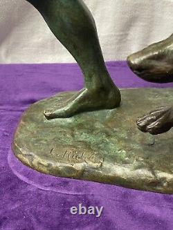 Léon Riché Importante Sculpture Bronze Athlète Et Ses Deux Chiens Signé Art Deco
